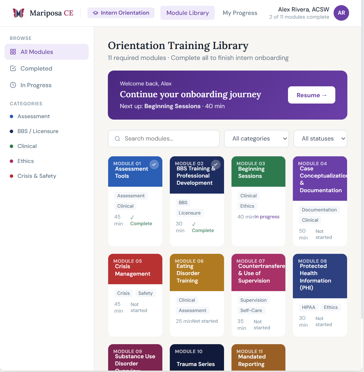 Continuing education platform screenshot